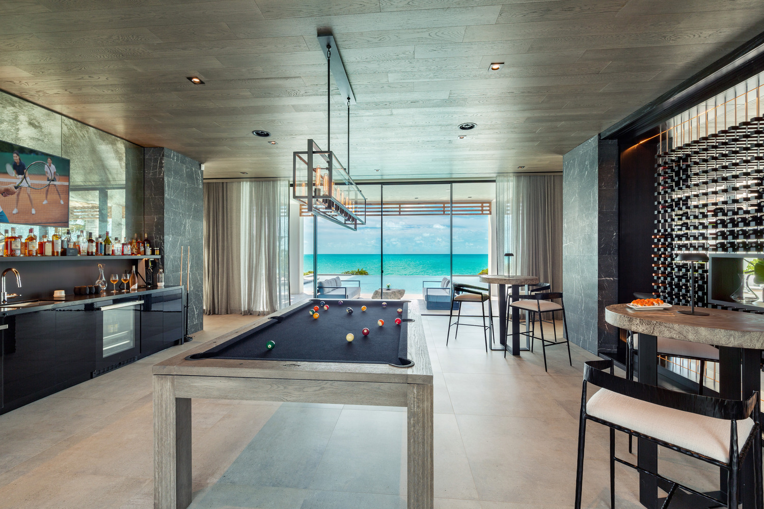 Living area pool table and bar